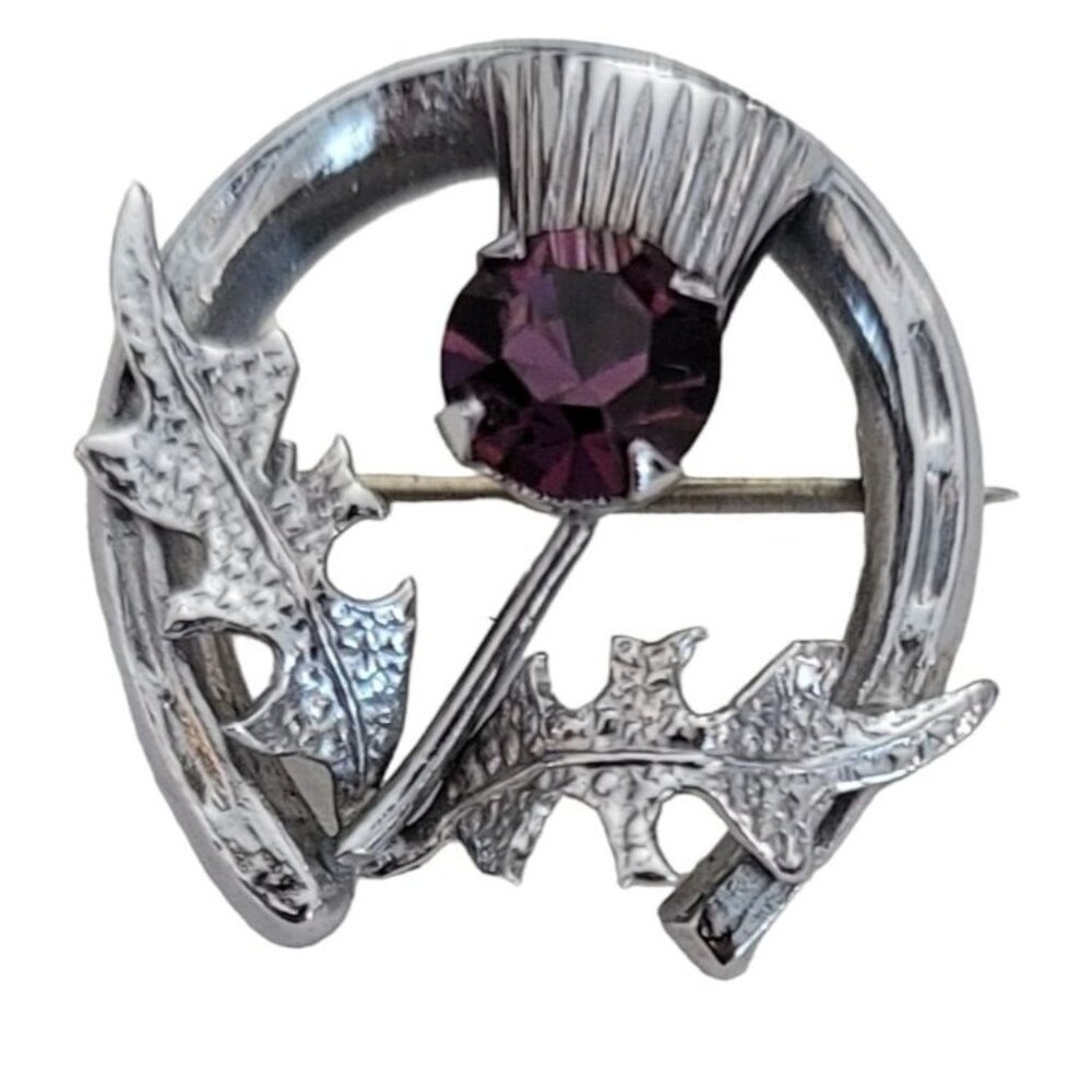Mizpah Silver Tone Purple Rhinestone Scottish Thistle Horseshoe Leaf Pin, M737 - Picture 8 of 8
